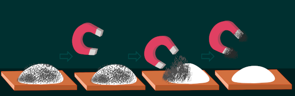 O componente magnético da mistura, no caso o ferro, é atraído pelo ímã.