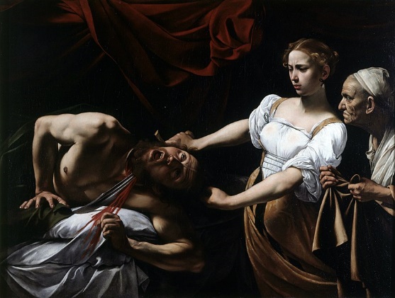 Judite e Holofernes (1599), obra barroca do pintor Caravaggio, abordando temática bíblica e uso da técnica de chiaroscuro (claro-escuro).