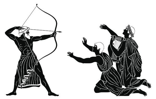 Reprodução da cena em que Odisseu mata os pretendentes de Penélope.