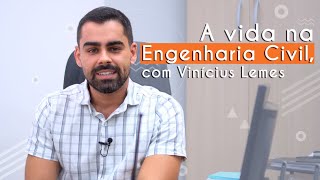 Vinícius Lemes, no programa Guia das Profissões, ao lado do escrito" A vida na Engenharia Civil, com Vinícius Lemes".