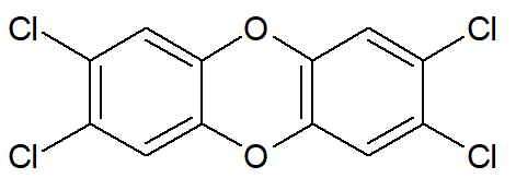 Molécula de 2,3,7,8-tetraclorodibenzeno-para-dioxina, também conhecido como TCDD.