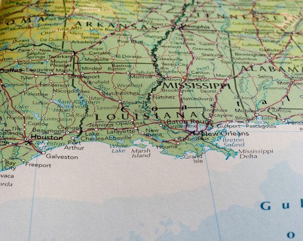 Mapa dos Estados Unidos com aproximação no estado de Louisiana.