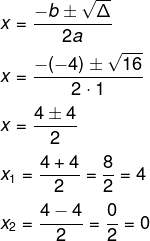 Resolução de um exemplo de equação incompleta utilizando a fórmula de Bhaskara.