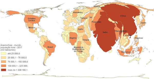 Mapa da população mundial. Fonte: IBGE.