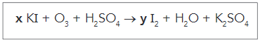 Equação da reação entre iodeto de potássio, ozônio e ácido sulfúrico.