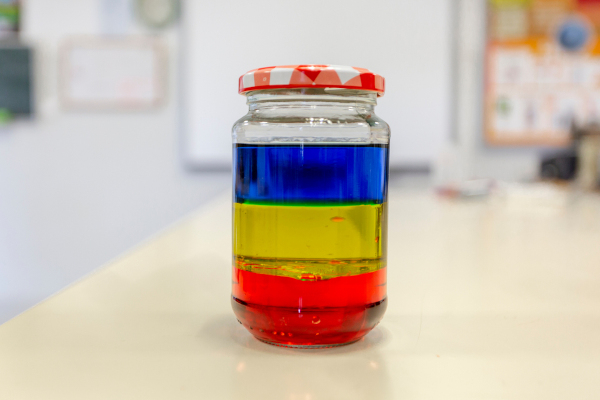 Experimento da coluna de densidade: o líquido azul é o menos denso, enquanto o líquido vermelho é o mais denso.