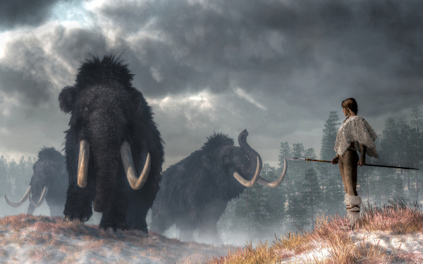 Ilustração de três mamutes e um ser humano caçador na natureza