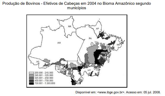 Mapa mostra a distribuição de bovinos no bioma amazônico.