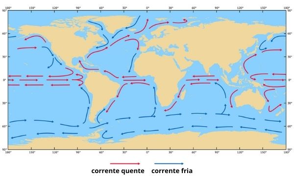 Esquema simplificado das principais correntes marítimas que circulam nos mares e oceanos do planeta Terra.