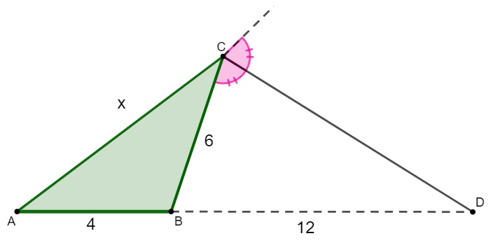 Triângulo para encontrar valor do x por meio do teorema da bissetriz externa