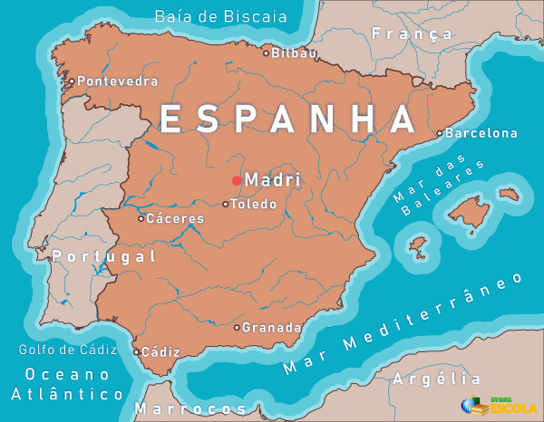 Mapa da Espanha e Portugal mostrando as divisões políticas no país