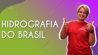 "Hidrografia do Brasil" escrito sobre fundo colorido ao lado da imagem da professora