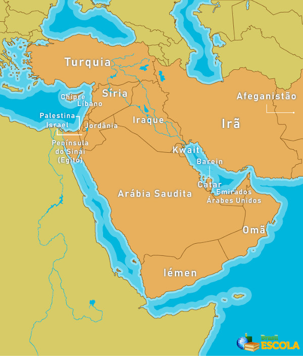 Mapa da região do Oriente Médio.