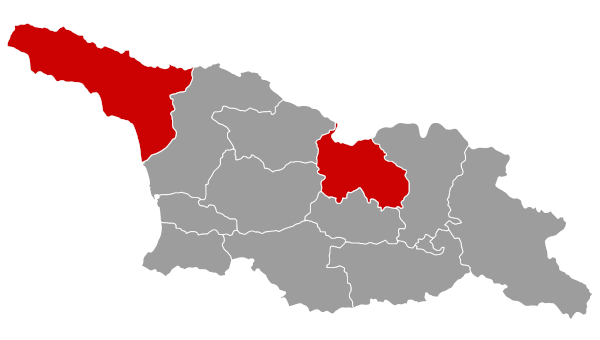 Em destaque no mapa da Geórgia estão os territórios separatistas da Abecásia, no extremo-oeste, e da Ossétia do Sul, no centro-norte.