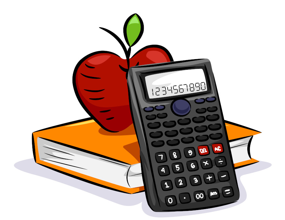 Ilustração de uma calculadora científica encostada em um livro alaranjado que está abaixo de uma maçã.