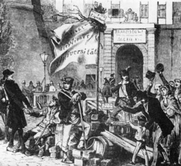 Estudantes vienenses nas ruas durante a Revolução de 1848.