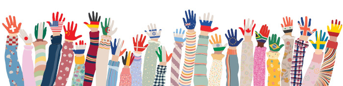 Ilustração das mãos de várias pessoas levantadas e pintadas com as estampas das bandeiras de vários países.