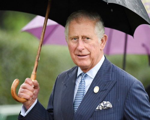 Charles III segurando guarda-chuva.