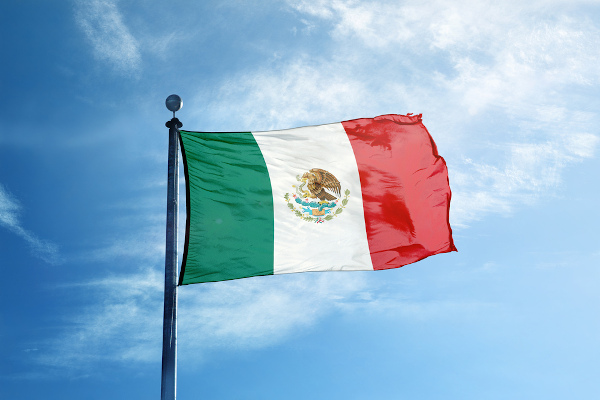  Bandeira do México hasteada e céu ao fundo.