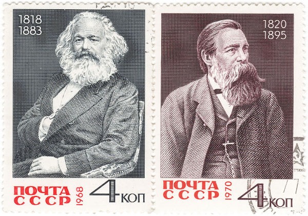Selos estampados com as fotos de Karl Marx e Friedrich Engels.