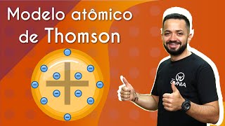 Professor ao lado do texto"Modelo atômico de Thomson" e ilustração do Modelo atômico de Thomson.