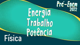 Texto"Pré-Enem 2022 | Energia, Trabalho e Potência" escrito no fundo verde.