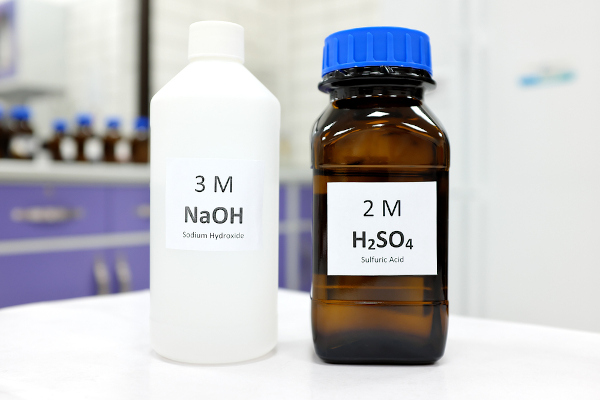 Hidróxido de sódio, à esquerda, e ácido sulfúrico, à direita. Quando misturados, eles sofrem uma reação de neutralização.