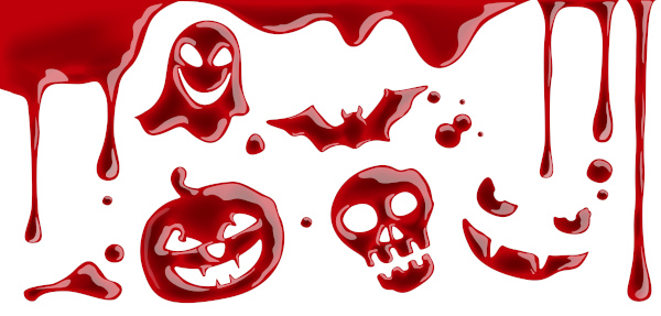 Sangue em formato de símbolos do Halloween, como abóboras, caveiras e fantasmas.