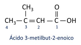 Fórmula estrutural do ácido 3-metilbut-2-enoico