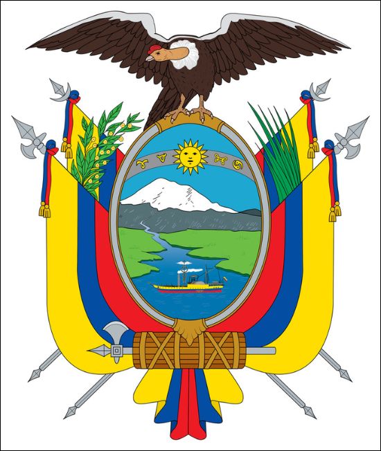 Brasão de armas do Equador, símbolo presente na bandeira do país.