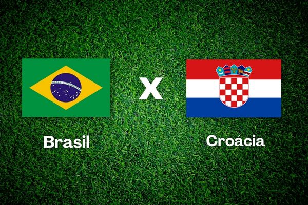 Imagem de fundo é uma grama de campo de futebol, à frente as bandeiras do Brasil e Croácia