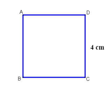 Ilustração de um quadrado com lado medindo 4 cm para cálculo de sua área.