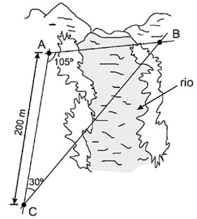 Representação da distância entre três pontos de uma cidade formando um triângulo, no qual será aplicado a lei dos senos.