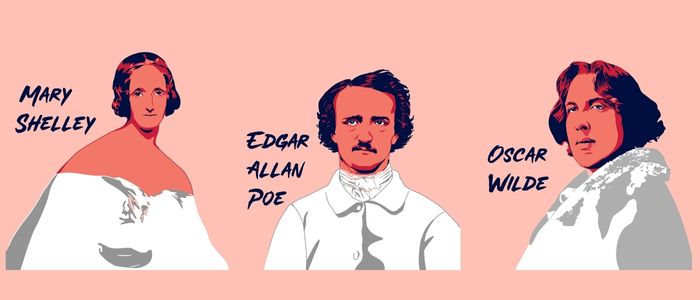 Ilustrações de Mary Shelley, Edgar Allan Poe e Oscar Wilde, alguns dos autores da literatura fantástica.