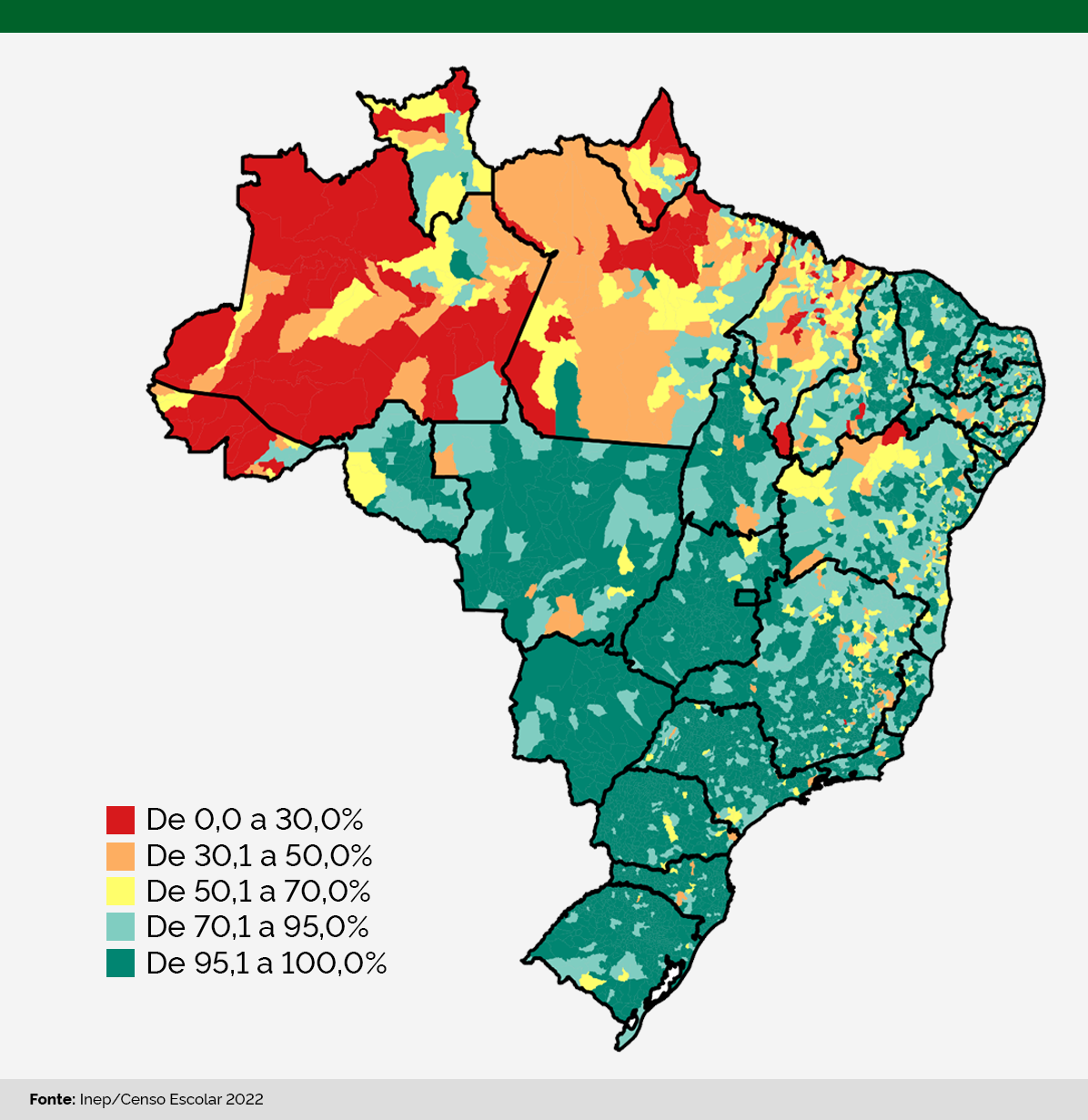 Mapa do Brasil com diferentes cores que mostra as escolas que possuem ou não acesso à internet