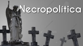 Texto"O que é necropolítica?" próximo a uma representação do que é a necropolítica.
