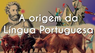 Escrito"A origem da língua portuguesa" sobre uma representação de vários aspectos relacionados à origem da língua portuguesa.