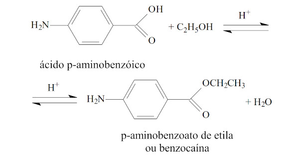 Reação do ácido para-aminobenzóico com o etanol, em meio ácido, em questão da URFN sobre carbonila.