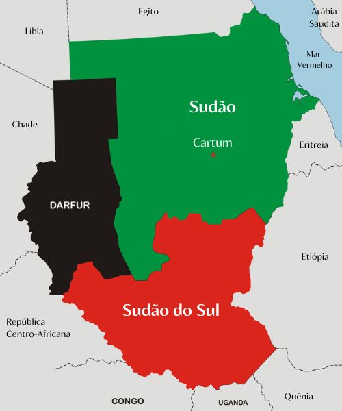 Mapa do Sudão com a localização de Darfur, a região motivadora de um dos principais conflitos na África.