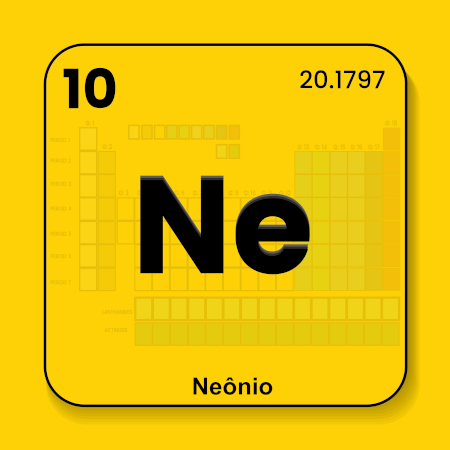 Símbolo, número atômico e massa atômica do elemento químico neônio (Ne).