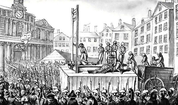 Execuções na gilhotina acontecendo durante o período de Terror da França revolucionária.