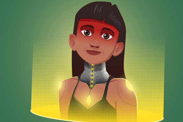 A Iara é uma personagem animada de um indígena, fundo verde, ao redor dela uma luz amarela