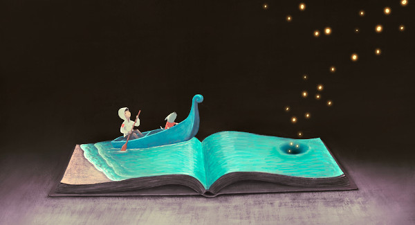 Ilustração de uma criança navegando nas águas de um livro como representação da linguagem literária.