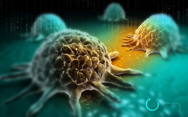 Ilustração em 3D de metástase se espalhando por meio de células cancerígenas.
