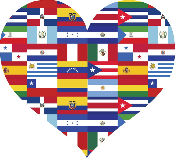 Colagem, em formato de coração, feita com a bandeira dos países que falam espanhol (español).