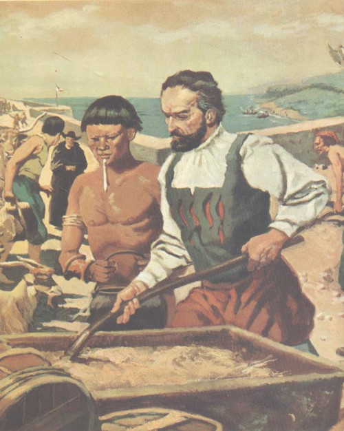 Tomé de Sousa ajudando a construir Salvador, ao lado de um indígena.