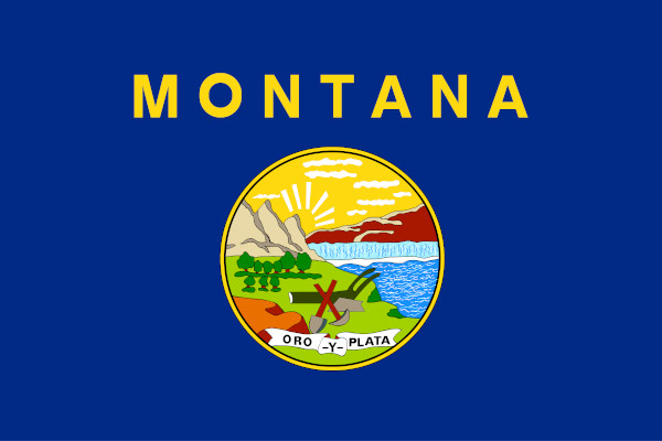 Paisagem montanhosa e um rio dentro de um círculo, sobre um fundo azul, na bandeira de Montana.