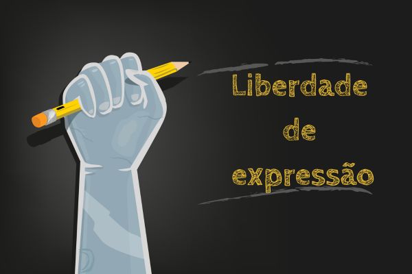 Ilustração de uma mão segurando com força um lápis ao lado do escrito “liberdade de expressão”.