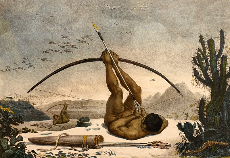 Indígena manuseando um arco e flecha em pitura de Jean-Baptiste Debret.