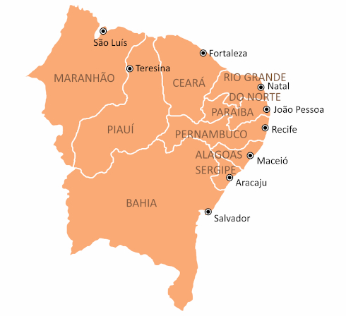 Mapa dos estados do Nordeste do Brasil.